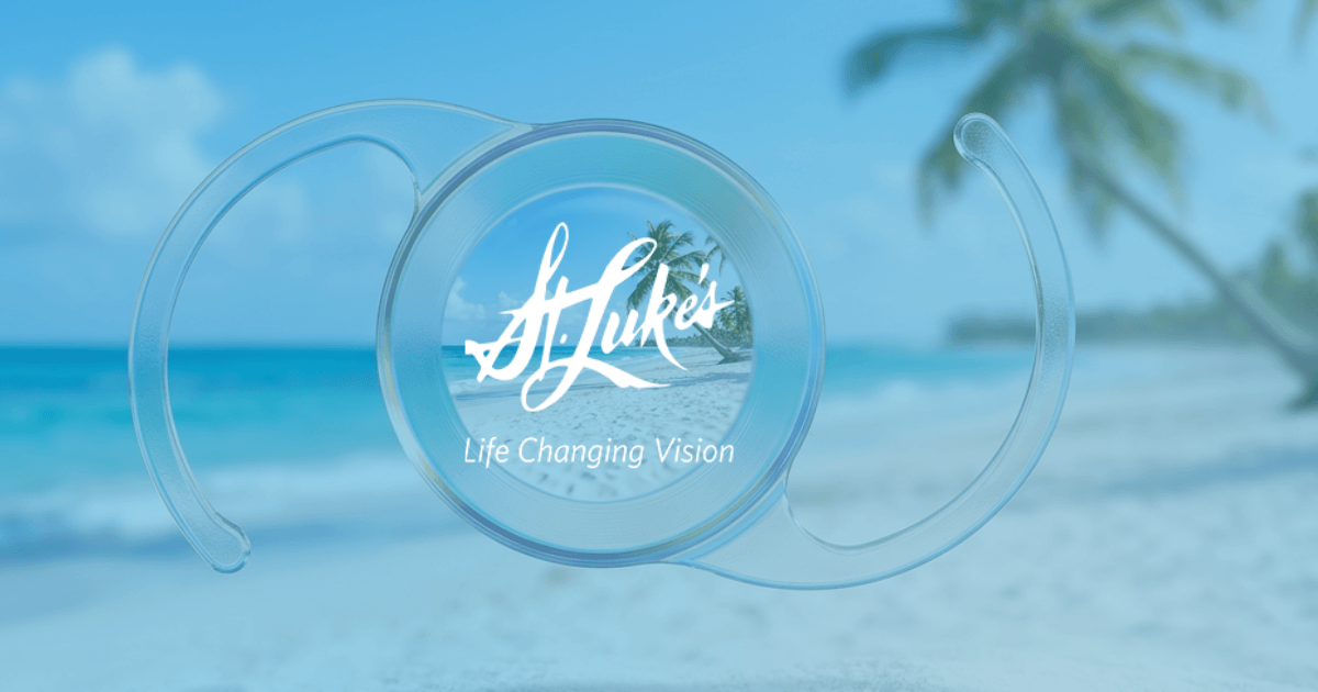 Transparent intraocular lens (IOL) floating before a sunlit Florida beach, representing clear vision restored through cataract surgery